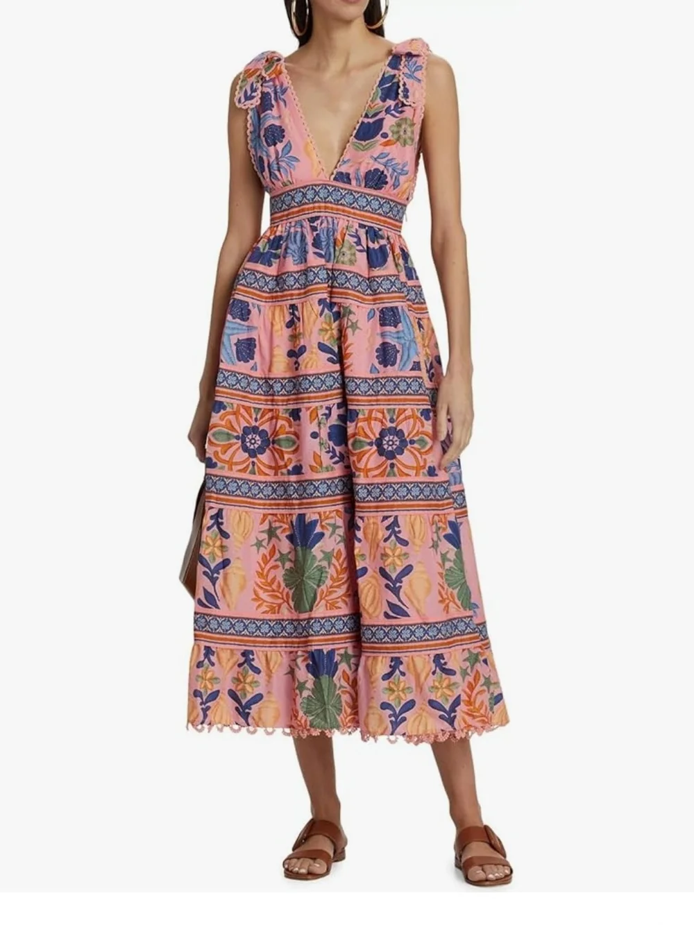 Farm Rio Seashell Tapestry Tiered Pink Midi Dress - Picture 2 of 11